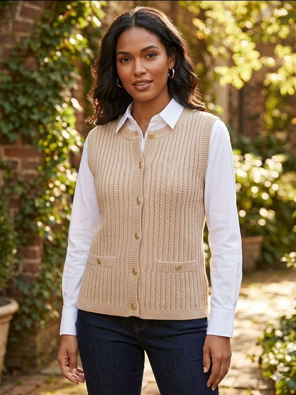 Button-Front Beige Knit Sweater Vest for Women